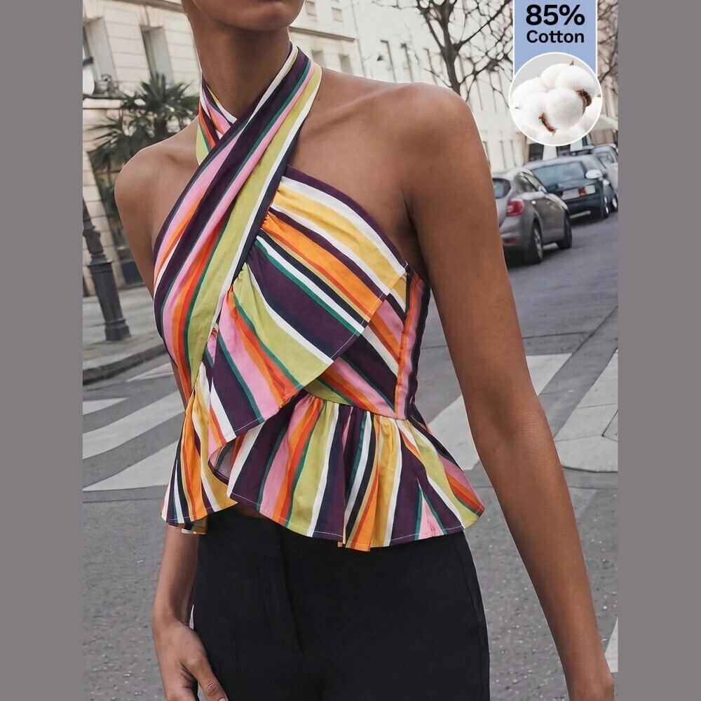 Purple / Green Multicolor Striped Cotton Halter Crisscross Ruffle Hem Top